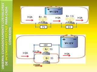 I=2A
I=2A
I=2A
V= 12 V
7 V
5 V
R= ?Ω
R= ? Ω
I=2A
I=2A
I=1,2A
I=0,8A
12V
V= 12 V
R= ?Ω
R= ?Ω OBSERVA CUIDADOSAMENTE LOS VALORES DE INTENSIDAD Y VOLTAJE PARA CADA CONEXION