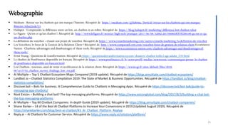 Webographie
▪ Medium - Retour sur les chatbots qui ont marque l’histoire. Récupéré de https://medium.com/@Sabrina_Vertical/retour-sur-les-chatbots-qui-ont-marque-
lhistoire-3eba22ede721
▪ Hubspot - Comprendre la différence entre un bot, un chatbot et un robot. Récupéré de https://blog.hubspot.fr/marketing/difference-bot-chatbot-robot
▪ Le Figaro - Qu'est-ce qu'un chatbot ?. Récupéré de http://www.lefigaro.fr/secteur/high-tech/pratique/2017/06/08/32002-20170608ARTFIG00180-qu-est-ce-qu-
un-chatbot.php
▪ La définition du voicebot – réussir son projet de voicebot. Récupéré de https://www.conseilsmarketing.com/autres-conseils-marketing/la-definition-du-voicebot
▪ Les VoiceBots, le futur de la Gestion de la Relation Client ? Récupéré de http://www.comparatif-crm.com/voicebot-futur-de-gestion-de-relation-client Ecommerce
Nation - Chatbots: advantages and disadvantages of these tools. Récupéré de https://www.ecommerce-nation.com/chatbots-advantages-and-disadvantages-of-
these-tools/
▪ Ernst Young - Questions de transformation. Récupéré de https://questionsdetransformation.ey.com/dossiers/chatbot-enfin-l-age-adulte_f-59.html
▪ Le chatbot de PostFinance disponible en français. Récupéré de https://www.postfinance.ch/fr/notre-profil/medias/newsroom/communiques-presse/le-chatbot-
de-postfinance-disponible-en-francais.html
▪ Les Chatbots : nouveau canal de vente et accélérateur de la relation client. Récupéré de https://www.cgi.fr/sites/default/files/2018-
08/or15752_chatbox_survey_findings_low_res.pdf
▪ AI Multiple – Top 5 Chatbot Ecosystem Maps Compared [2019 update]. Récupéré de https://blog.aimultiple.com/chatbot-ecosystem/
▪ Landbot.io – Chatbot Statistics Compilation 2019: The State of Market & Business Opportunities. Récupéré de https://landbot.io/blog/chatbot-
statistics-compilation/
▪ Discover.bot – Bots for business. A Comprehensive Guide to Chatbots in Messaging Apps. Récupéré de https://discover.bot/bot-talk/guide-to-
messaging-app-chatbots/
▪ Root Exicon – Building a chat bot? The top messaging platforms. Récupéré de https://www.exiconglobal.com/blog/2017/8/3/building-a-chat-bot-
the-top-messaging-platforms
▪ AI Multiple – Top 60 Chatbot Companies: In-depth Guide [2019 update]. Récupéré de https://blog.aimultiple.com/chatbot-companies/
▪ Shane Barker – 14 of the Best AI Chatbot Platforms to Increase Your Conversions in 2019 (Updated August 2019). Récupéré de
https://shanebarker.com/blog/best-ai-chatbot/#3_AI_Chatbot_Platform_Replyai
▪ Reply.ai – AI Chatbots for Customer Service. Récupéré de https://www.reply.ai/solution/platform/
25
 