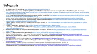 Webographie
▪ Pat Research – REPLY.AI. Récupéré de https://www.predictiveanalyticstoday.com/reply-ai/
▪ GlobeNewswire – Nuance Ranked #1 in Chatbot/Virtual Assistants for Enterprise Customer Service by Leading Global Research and Advisory Firm. Récupéré de
https://www.globenewswire.com/news-release/2017/06/29/1035231/0/en/Nuance-Ranked-1-in-Chatbot-Virtual-Assistants-for-Enterprise-Customer-Service-by-Leading-
Global-Research-and-Advisory-Firm.html
▪ Forbes – Using Facebook Messenger And Chatbots To Grow Your Audience. Récupéré de https://www.forbes.com/sites/forbesagencycouncil/2018/06/04/using-facebook-
messenger-and-chatbots-to-grow-your-audience/#36482d25733b
▪ Medium – China, WeChat, and the Origins of Chatbots. Récupéré de https://chatbotsmagazine.com/china-wechat-and-the-origins-of-chatbots-89c481f15a44
▪ Les Echos - Avantages et inconvénients de la robotisation dans la relation-client. Récupéré sur https://www.lesechos.fr/idees-debats/cercle/opinion-avantages-et-
inconvenients-de-la-robotisation-dans-la-relation-client-166384
▪ Chatbots Magazine - Chatbot report 2019, Google trends and analysis. Récupéré sur https://chatbotsmagazine.com/chatbot-report-2019-global-trends-and-analysis-
a487afec05b
▪ Creately - Chatbots SWOT. Récupéré sur https://creately.com/diagram/example/jc9uneoq1/Chatbot%20SWOT
▪ E-marketing - A quoi servent les chatbots ? Récupéré sur https://www.e-marketing.fr/Thematique/ia-1250/Infographies/quoi-servent-chatbots-
319259.htm#YWfgk6BBpuB9tqc3.97
▪ Maddyness - Pourquoi 80% des entreprises prévoient d’investir dans un chatbot ?. Récupéré sur https://www.maddyness.com/2017/07/19/infographie-entreprises-
investir-chatbot/
▪ Statistica – La révolution des chatbots . Récupéré sur https://fr.statista.com/recherche/?q=chatbots&qKat=search
▪ Drift and SurveyMonkey Audience – 2019 State of Conversational Marketing. Récupéré de https://www.drift.com/blog/state-of-conversational-marketing/
▪ How Customer Service Trends Are Changing in 2019: Highlights from the New State of Service Report? Récupéré de https://www.salesforce.com/blog/2019/03/customer-
service-trends.html
▪ Key chatbot statistics to know in 2019. Récupéré de https://www.salesforce.com/blog/2019/08/chatbot-statistics.html
▪ State of the Connected Customer Report Outlines Changing Standards for Customer Engagement. Récupéré de https://www.salesforce.com/company/news-
press/stories/2019/06/061219-g/
▪ Nicholas Sotolongo & Jonathan Copulsky – Conversational marketing: Creating compelling customer connections. Récupéré de
https://www.researchgate.net/publication/330161514_Conversational_marketing_Creating_compelling_customer_connections
▪ Are chatbots the future of digital marketing? Récupéré de https://digitalagencypoint.com/digital-marketing/are-chatbots-the-future-of-digital-marketing/
26
 