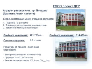 Енерго спестяващи мерки сграда на ректората:
1. Подмяна на дограма
2. Топлинно изолиране на външни стени
3. Топлинна изолация на покрив
Стойност на проекта: 421 723лв. Стойност на кредита: 314 479лв.
Аграрен университет, гр. Пловдив
(Два изпълнени проекта)
Срок на откупуване: 8,9 години
Резултати от проекта - прогнозно
спестяване:
- Електрическа енергия 31 895 квтч/год.
- Природен газ 477 791квтч/год.
- Емисии парникови газове 205.3тона СО2екв./год.
ЕSCO проект ДГР
 