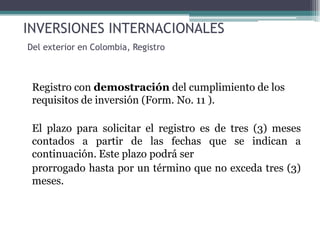 INVERSIONES INTERNACIONALES
Del exterior en Colombia, Registro



 Registro con demostración del cumplimiento de los
 requisitos de inversión (Form. No. 11 ).

 El plazo para solicitar el registro es de tres (3) meses
 contados a partir de las fechas que se indican a
 continuación. Este plazo podrá ser
 prorrogado hasta por un término que no exceda tres (3)
 meses.
 