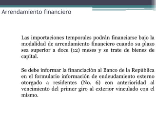 Arrendamiento financiero



      Las importaciones temporales podrán financiarse bajo la
      modalidad de arrendamiento financiero cuando su plazo
      sea superior a doce (12) meses y se trate de bienes de
      capital.

      Se debe informar la financiación al Banco de la República
      en el formulario información de endeudamiento externo
      otorgado a residentes (No. 6) con anterioridad al
      vencimiento del primer giro al exterior vinculado con el
      mismo.
 