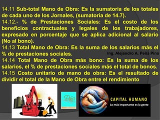 14.11 Sub-total Mano de Obra: Es la sumatoria de los totales
de cada uno de los Jornales, (sumatoria de 14.7).
14.12.- % de Prestaciones Sociales: Es el costo de los
beneficios contractuales y legales de los trabajadores,
expresado en porcentaje que se aplica adicional al salario
(No al bono).
14.13 Total Mano de Obra: Es la suma de los salarios más el
% de prestaciones sociales.                 Ing. Alejandro A. Peña Pino
14.14 Total Mano de Obra más bono: Es la suma de los
salarios, el % de prestaciones sociales más el total de bonos.
14.15 Costo unitario de mano de obra: Es el resultado de
dividir el total de la Mano de Obra entre el rendimiento
 