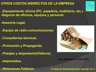 OTROS COSTOS INDIRECTOS DE LA EMPRESA

.-Equipamiento oficina (PC, papelería, mobiliario, etc.).
-Seguros de oficinas, equipos y personal.

-Asesoría Legal.

.-Equipo de radio-comunicaciones.

.-Consultorías técnicas.

.-Promoción y Propaganda.

.-Pasajes y alojamiento(Viáticos).
                                        Ing. Alejandro A. Peña Pino
.-Imprevistos.

.-Relaciones Públicas.            % total de Administración (usual):15 %
 