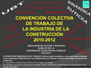 Trabajadores Amparados por esta Convención

                            Ámbito de Aplicación de la Convención Colectiva

               Jornada de Trabajo                   Estabilidad en el Trabajo




                                                                             Suministro de Agua Potable




2) CONDUCTAS INDEBIDAS EN EL TRABAJO: Ambas partes consideran como conductas indebidas
y que constituyen Faltas Graves a las obligaciones que impone la relación de trabajo, las siguientes
conductas:
2.1. El porte de cualquier tipo de arma en los lugares de trabajo.
2.2. El tráfico, consumo y la tenencia de drogas y demás sustancias estupefacientes y psicotrópicas en los
lugares de trabajo.                                                      Ing. Alejandro A. Peña Pino
 