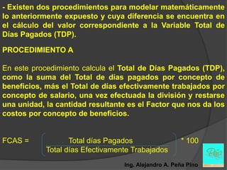 - Existen dos procedimientos para modelar matemáticamente
lo anteriormente expuesto y cuya diferencia se encuentra en
el cálculo del valor correspondiente a la Variable Total de
Días Pagados (TDP).

PROCEDIMIENTO A

En este procedimiento calcula el Total de Días Pagados (TDP),
como la suma del Total de días pagados por concepto de
beneficios, más el Total de días efectivamente trabajados por
concepto de salario, una vez efectuada la división y restarse
una unidad, la cantidad resultante es el Factor que nos da los
costos por concepto de beneficios.


FCAS =             Total días Pagados                 * 100
            Total días Efectivamente Trabajados
                                  Ing. Alejandro A. Peña Pino
 