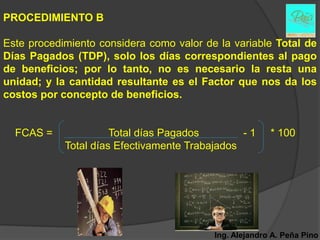 PROCEDIMIENTO B

Este procedimiento considera como valor de la variable Total de
Días Pagados (TDP), solo los días correspondientes al pago
de beneficios; por lo tanto, no es necesario la resta una
unidad; y la cantidad resultante es el Factor que nos da los
costos por concepto de beneficios.


  FCAS =              Total días Pagados        -1      * 100
            Total días Efectivamente Trabajados




                                          Ing. Alejandro A. Peña Pino
 