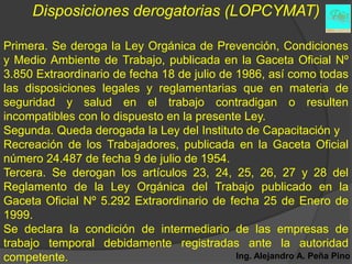 Disposiciones derogatorias (LOPCYMAT)

Primera. Se deroga la Ley Orgánica de Prevención, Condiciones
y Medio Ambiente de Trabajo, publicada en la Gaceta Oficial Nº
3.850 Extraordinario de fecha 18 de julio de 1986, así como todas
las disposiciones legales y reglamentarias que en materia de
seguridad y salud en el trabajo contradigan o resulten
incompatibles con lo dispuesto en la presente Ley.
Segunda. Queda derogada la Ley del Instituto de Capacitación y
Recreación de los Trabajadores, publicada en la Gaceta Oficial
número 24.487 de fecha 9 de julio de 1954.
Tercera. Se derogan los artículos 23, 24, 25, 26, 27 y 28 del
Reglamento de la Ley Orgánica del Trabajo publicado en la
Gaceta Oficial Nº 5.292 Extraordinario de fecha 25 de Enero de
1999.
Se declara la condición de intermediario de las empresas de
trabajo temporal debidamente registradas ante la autoridad
competente.                                  Ing. Alejandro A. Peña Pino
 