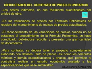 DIFICULTADES DEL CONTRATO DE PRECIOS UNITARIOS
.-Los costos indirectos, no son fácilmente cuantificables por
unidad de obra.

.-En las variaciones de precios por Fórmulas Polinómicas se
requiere del mantenimiento de índices de precios actualizados.

.-El reconocimiento de las variaciones de precios cuando no se
establece el procedimiento de la Fórmula Polinómica, se hace
complicado, debiéndose recopilar y presentar una gran cantidad
de documentos.

.-Para contratar, se deberá tener el proyecto completamente
elaborado con detalles, tanto de planos, así como los cómputos
métricos y demás especificaciones y anexos, que permitan al
contratista realizar un estudio económico ajustado a las
especificaciones que se le suministren     Ing. Alejandro A. Peña Pino
 