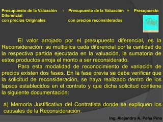 Presupuesto de la Valuación   -   Presupuesto de la Valuación =   Presupuesto
Diferencial
con precios Originales            con precios reconsiderados




        El valor arrojado por el presupuesto diferencial, es la
Reconsideración: se multiplica cada diferencial por la cantidad de
la respectiva partida ejecutada en la valuación, la sumatoria de
estos productos arroja el monto a ser reconsiderado.
        Para esta modalidad de reconocimiento de variación de
precios existen dos fases. En la fase previa se debe verificar que
la solicitud de reconsideración, se haya realizado dentro de los
lapsos establecidos en el contrato y que dicha solicitud contiene
la siguiente documentación:

a) Memoria Justificativa del Contratista donde se expliquen los
causales de la Reconsideración.
                                                     Ing. Alejandro A. Peña Pino
 