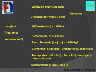 NORMAS COVENIN 2000

                                                 Unidades
                Unidades derivadas y otras


Longitud:        Kilómetro (km) = 1.000 m

Área: (m2)
                hectárea (ha) = 10.000 m2
Volumen: (m3)
                Peso: Tonelada (ton) (tn) = 1.000 Kgf

                Elementos: pieza (pza), unidad (und), saco (sco)

                Transportes: (m3 x km), ( ton x km), (ton)( vje) y
                otras unidades

                Achicamientos: (m3), (hp x hr)
                                            Ing. Alejandro A. Peña Pino
 