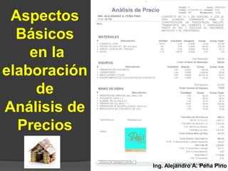 Aspectos
  Básicos
    en la
elaboración
     de
Análisis de
  Precios

              Ing. Alejandro A. Peña Pino
 