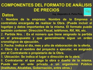 COMPONENTES DEL FORMATO DE ANÁLISIS
           DE PRECIOS
                   Ing. Alejandro A. Peña Pino
Datos
1. Nombre de la empresa: Nombre de la Empresa o
contratista encargada de realizar la Obra. (Puede incluir el
logotipo y datos importantes de la misma. El formato puede
también contener: Dirección Fiscal, teléfonos, Rif, Nit, etc.
2. Partida Nro. : Es el número que tiene asignado la partida
en el presupuesto y que generalmente sigue un orden
cronológico de ejecución.
3. Fecha: indica el día, mes y año de elaboración de la oferta.
4. Obra: Es el nombre del proyecto a ejecutar, es asignado
por el Contratante o propietario de la Obra.
5. Ubicación: Se indica el lugar o dirección de la obra.
6. Contratante: el que paga la obra o dueño de la misma.
Puede ser un ente privado o un organismo Público
(Institutos, Alcaldías, Gobernación, entre otros.)
 