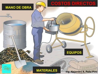COSTOS DIRECTOS
MANO DE OBRA




                            EQUIPOS




               MATERIALES   Ing. Alejandro A. Peña Pino
 