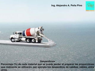 Ing. Alejandro A. Peña Pino




                                   Desperdicios
Porcentaje (%) de cada material que se puede perder al preparar las proporciones
que realmente se utilizarán, por ejemplo los desperdicio de cabillas, cables, entre
otros.
 