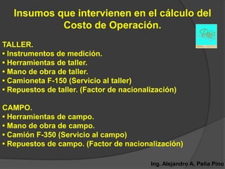 Insumos que intervienen en el cálculo del
            Costo de Operación.
TALLER.
• Instrumentos de medición.
• Herramientas de taller.
• Mano de obra de taller.
• Camioneta F-150 (Servicio al taller)
• Repuestos de taller. (Factor de nacionalización)

CAMPO.
• Herramientas de campo.
• Mano de obra de campo.
• Camión F-350 (Servicio al campo)
• Repuestos de campo. (Factor de nacionalización)

                                          Ing. Alejandro A. Peña Pino
 