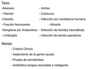 Tipos: Absceso - Antrax Flemón - Carbunco Celulitis - Infección por mordedura humana Fascitis Necrozante - Miositis Gangrena por Anaerobios  - Infección de heridas traumáticas Linfangitis  - infección de herida operatoria Manejo: - Criterio Clínico. - Aislamiento de la gente causal. - Prueba de sensibilidad. - Antibiótico terapia razonable e inteligente. 