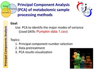 Biology

Chemistry

Principal Components Analysis

Informatics

Principal Component Analysis
(PCA) of metabolomic sample
processing methods

Goal:
Use PCA to identify the major modes of variance
(Used DATA: Pumpkin data 1.csv)
Topics:
1. Principal component number selection
2. Data pretreatment
3. PCA results visualization

 