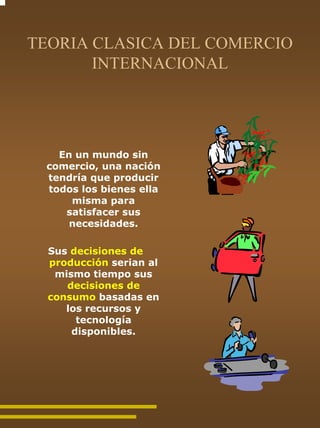 TEORIA CLASICA DEL COMERCIO
       INTERNACIONAL




   En un mundo sin
 comercio, una nación
 tendría que producir
 todos los bienes ella
     misma para
    satisfacer sus
     necesidades.

  Sus decisiones de
  producción serian al
   mismo tiempo sus
     decisiones de
  consumo basadas en
     los recursos y
       tecnología
      disponibles.
 