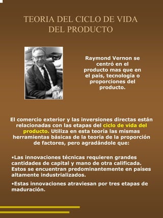 TEORIA DEL CICLO DE VIDA
         DEL PRODUCTO


                           Raymond Vernon se
                               centró en el
                           producto mas que en
                           el país, tecnología o
                             proporciones del
                                 producto.




El comercio exterior y las inversiones directas están
  relacionadas con las etapas del ciclo de vida del
     producto. Utiliza en esta teoría las mismas
 herramientas básicas de la teoría de la proporción
         de factores, pero agradándole que:

•Las innovaciones técnicas requieren grandes
cantidades de capital y mano de otra calificada.
Estos se encuentran predominantemente en países
altamente industrializados.
•Estas innovaciones atraviesan por tres etapas de
maduración.
 