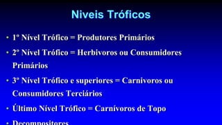 Niveis Tróficos
• 1º Nível Trófico = Produtores Primários
• 2º Nível Trófico = Herbivoros ou Consumidores
Primários
• 3º Nível Trófico e superiores = Carnivoros ou
Consumidores Terciários
• Último Nível Trófico = Carnívoros de Topo
 