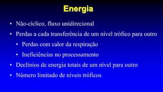 Energia
• Não-cíclico, fluxo unidirecional
• Perdas a cada transferência de um nível trófico para outro
• Perdas com calor da respiração
• Ineficiências no processamento
• Declínios de energia totais de um nível para outro
• Número limitado de níveis tróficos
 