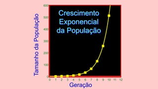 0
100
200
300
400
500
600
Tamanho
da
População
0 1 2 3 4 5 6 7 8 9 10 11 12
Geração
Crescimento
Exponencial
da População
 