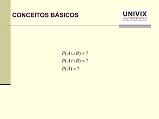 ( ) ?
( ) ?
( ) ?
P A B
P A B
P A
∪ =
∩ =
=
CONCEITOS BÁSICOS
 