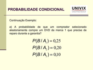 Continuação Exemplo:
a) A probabilidade de que um comprador selecionado
aleatoriamente compre um DVD da marca 1 que precise de
reparo durante a garantia?
PROBABILIDADE CONDICIONAL
100
200
250
3
2
1
,)/(
,)/(
,)/(
=
=
=
ABP
ABP
ABP
 
