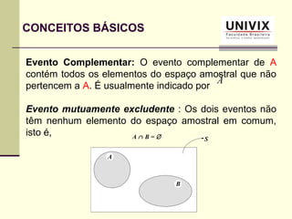 Evento Complementar: O evento complementar de A
contém todos os elementos do espaço amostral que não
pertencem a A. É usualmente indicado por
Evento mutuamente excludente : Os dois eventos não
têm nenhum elemento do espaço amostral em comum,
isto é,
A
SA ∩ B = ∅
A
B
CONCEITOS BÁSICOS
 