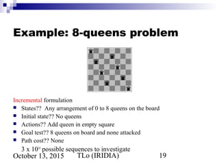 TLo (IRIDIA) 19October 13, 2015
Example: 8-queens problem
Incremental formulation
 States?? Any arrangement of 0 to 8 queens on the board
 Initial state?? No queens
 Actions?? Add queen in empty square
 Goal test?? 8 queens on board and none attacked
 Path cost?? None
3 x 1014
possible sequences to investigate
 