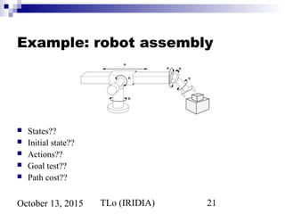 TLo (IRIDIA) 21October 13, 2015
Example: robot assembly
 States??
 Initial state??
 Actions??
 Goal test??
 Path cost??
 