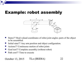 TLo (IRIDIA) 22October 13, 2015
Example: robot assembly
 States?? Real-valued coordinates of robot joint angles; parts of the object
to be assembled.
 Initial state?? Any arm position and object configuration.
 Actions?? Continuous motion of robot joints
 Goal test?? Complete assembly (without robot)
 Path cost?? Time to execute
 