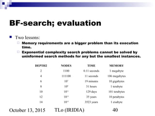 TLo (IRIDIA) 40October 13, 2015
BF-search; evaluation
 Two lessons:
 Memory requirements are a bigger problem than its execution
time.
 Exponential complexity search problems cannot be solved by
uninformed search methods for any but the smallest instances.
DEPTH2 NODES TIME MEMORY
2 1100 0.11 seconds 1 megabyte
4 111100 11 seconds 106 megabytes
6 107
19 minutes 10 gigabytes
8 109
31 hours 1 terabyte
10 1011
129 days 101 terabytes
12 1013
35 years 10 petabytes
14 1015
3523 years 1 exabyte
 