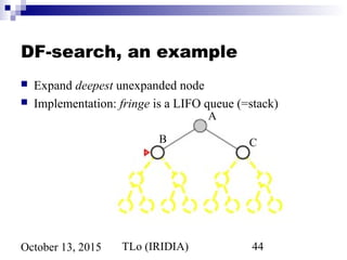 TLo (IRIDIA) 44October 13, 2015
DF-search, an example
 Expand deepest unexpanded node
 Implementation: fringe is a LIFO queue (=stack)
A
B C
 