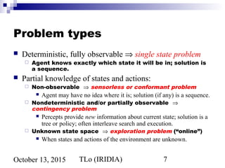 TLo (IRIDIA) 7October 13, 2015
Problem types
 Deterministic, fully observable ⇒ single state problem
 Agent knows exactly which state it will be in; solution is
a sequence.
 Partial knowledge of states and actions:
 Non-observable ⇒ sensorless or conformant problem
 Agent may have no idea where it is; solution (if any) is a sequence.
 Nondeterministic and/or partially observable ⇒
contingency problem
 Percepts provide new information about current state; solution is a
tree or policy; often interleave search and execution.
 Unknown state space ⇒ exploration problem (“online”)
 When states and actions of the environment are unknown.
 