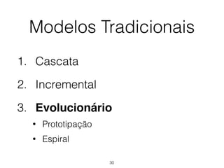 Modelos Tradicionais
1. Cascata
2. Incremental
3. Evolucionário
• Prototipação
• Espiral
30
 