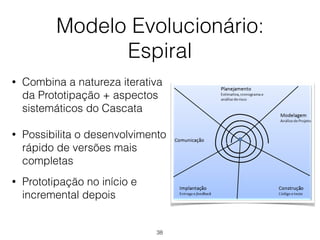 Modelo Evolucionário:
Espiral
• Combina a natureza iterativa
da Prototipação + aspectos
sistemáticos do Cascata
• Possibilita o desenvolvimento
rápido de versões mais
completas
• Prototipação no início e
incremental depois
38
 