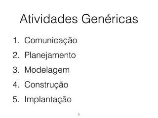 Atividades Genéricas
1. Comunicação
2. Planejamento
3. Modelagem
4. Construção
5. Implantação
5
 
