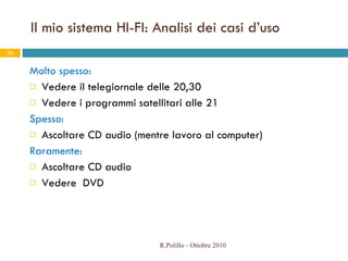 Molto spesso: Vedere il telegiornale delle 20,30 Vedere i programmi satellitari alle 21 Spesso: Ascoltare CD audio (mentre lavoro al computer) Raramente: Ascoltare CD audio Vedere  DVD Il mio sistema HI-FI: Analisi dei casi d’uso R.Polillo - Ottobre 2010 