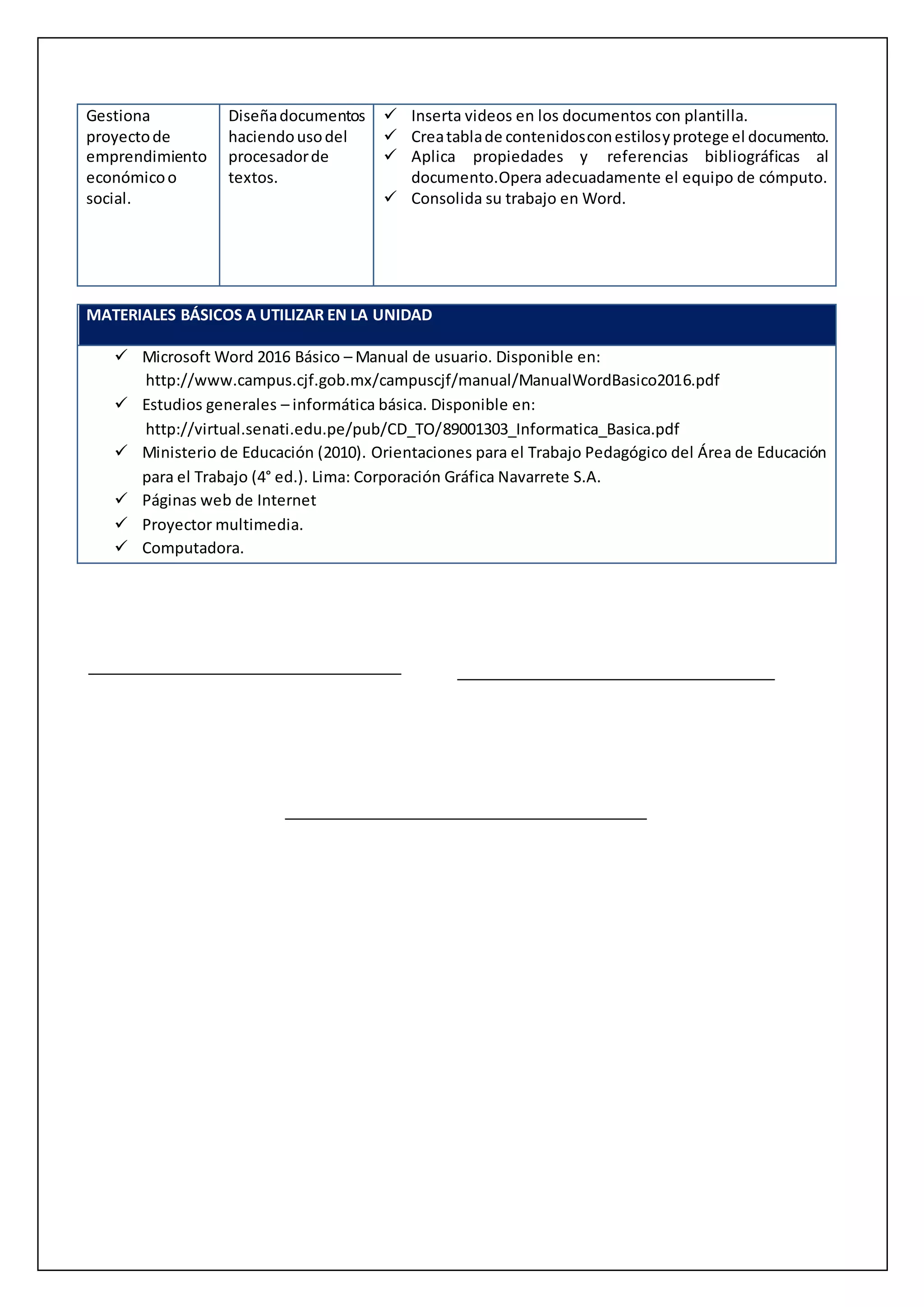 Gestiona
proyectode
emprendimiento
económicoo
social.
Diseñadocumentos
haciendousodel
procesadorde
textos.
 Inserta videos en los documentos con plantilla.
 Creatablade contenidosconestilosyprotege el documento.
 Aplica propiedades y referencias bibliográficas al
documento.Opera adecuadamente el equipo de cómputo.
 Consolida su trabajo en Word.
MATERIALES BÁSICOS A UTILIZAR EN LA UNIDAD
 Microsoft Word 2016 Básico – Manual de usuario. Disponible en:
http://www.campus.cjf.gob.mx/campuscjf/manual/ManualWordBasico2016.pdf
 Estudios generales – informática básica. Disponible en:
http://virtual.senati.edu.pe/pub/CD_TO/89001303_Informatica_Basica.pdf
 Ministerio de Educación (2010). Orientaciones para el Trabajo Pedagógico del Área de Educación
para el Trabajo (4° ed.). Lima: Corporación Gráfica Navarrete S.A.
 Páginas web de Internet
 Proyector multimedia.
 Computadora.
 