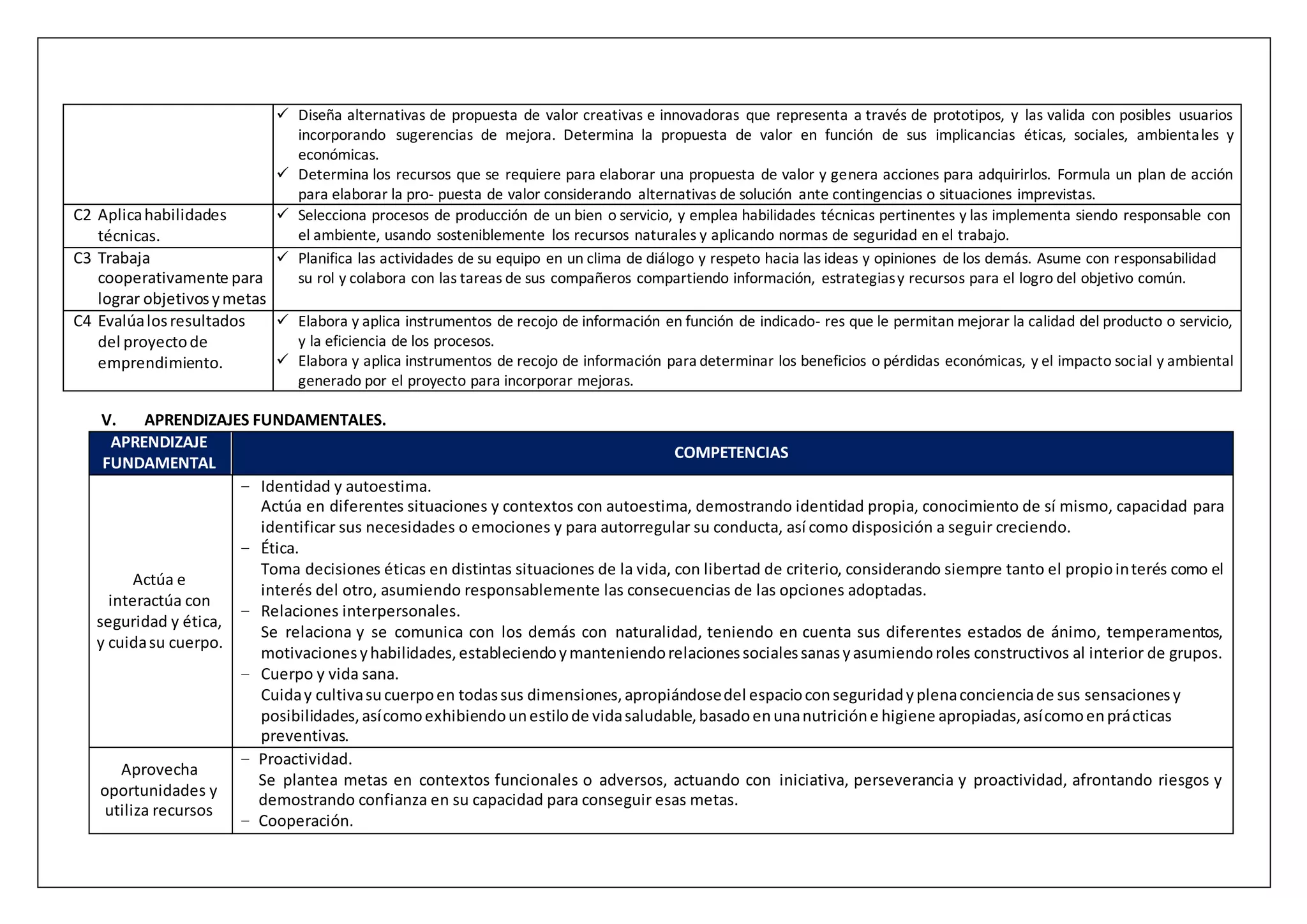  Diseña alternativas de propuesta de valor creativas e innovadoras que representa a través de prototipos, y las valida con posibles usuarios
incorporando sugerencias de mejora. Determina la propuesta de valor en función de sus implicancias éticas, sociales, ambientales y
económicas.
 Determina los recursos que se requiere para elaborar una propuesta de valor y genera acciones para adquirirlos. Formula un plan de acción
para elaborar la pro- puesta de valor considerando alternativas de solución ante contingencias o situaciones imprevistas.
C2 Aplicahabilidades
técnicas.
 Selecciona procesos de producción de un bien o servicio, y emplea habilidades técnicas pertinentes y las implementa siendo responsable con
el ambiente, usando sosteniblemente los recursos naturales y aplicando normas de seguridad en el trabajo.
C3 Trabaja
cooperativamente para
lograr objetivosymetas
 Planifica las actividades de su equipo en un clima de diálogo y respeto hacia las ideas y opiniones de los demás. Asume con responsabilidad
su rol y colabora con las tareas de sus compañeros compartiendo información, estrategiasy recursos para el logro del objetivo común.
C4 Evalúalosresultados
del proyectode
emprendimiento.
 Elabora y aplica instrumentos de recojo de información en función de indicado- res que le permitan mejorar la calidad del producto o servicio,
y la eficiencia de los procesos.
 Elabora y aplica instrumentos de recojo de información para determinar los beneficios o pérdidas económicas, y el impacto social y ambiental
generado por el proyecto para incorporar mejoras.
V. APRENDIZAJES FUNDAMENTALES.
APRENDIZAJE
FUNDAMENTAL
COMPETENCIAS
Actúa e
interactúa con
seguridad y ética,
y cuidasu cuerpo.
− Identidad y autoestima.
Actúa en diferentes situaciones y contextos con autoestima, demostrando identidad propia, conocimiento de sí mismo, capacidad para
identificar sus necesidades o emociones y para autorregular su conducta, así como disposición a seguir creciendo.
− Ética.
Toma decisiones éticas en distintas situaciones de la vida, con libertad de criterio, considerando siempre tanto el propiointerés como el
interés del otro, asumiendo responsablemente las consecuencias de las opciones adoptadas.
− Relaciones interpersonales.
Se relaciona y se comunica con los demás con naturalidad, teniendo en cuenta sus diferentes estados de ánimo, temperamentos,
motivacionesyhabilidades,estableciendoymanteniendorelacionessocialessanasyasumiendoroles constructivos al interior de grupos.
− Cuerpo y vida sana.
Cuiday cultivasucuerpoen todassus dimensiones,apropiándosedel espacioconseguridadyplenaconcienciade sus sensacionesy
posibilidades,asícomoexhibiendounestilode vidasaludable,basadoenunanutricióne higiene apropiadas,asícomoenprácticas
preventivas.
Aprovecha
oportunidades y
utiliza recursos
− Proactividad.
Se plantea metas en contextos funcionales o adversos, actuando con iniciativa, perseverancia y proactividad, afrontando riesgos y
demostrando confianza en su capacidad para conseguir esas metas.
− Cooperación.
 