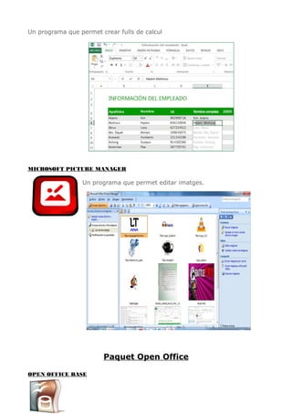 Un programa que permet crear fulls de calcul
MICROSOFT PICTURE MANAGER
Un programa que permet editar imatges.
Paquet Open Office
OPEN OFFICE BASE
 
