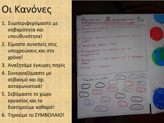 Οι Κανόνες
1. Συμπεριφερόμαστε με
σοβαρότητα και
υπευθυνότητα!
2. Είμαστε συνεπείς στις
υποχρεώσεις και στο
χρόνο!
3. Αναζητάμε έγκυρες πηγές
4. Συνεργαζόμαστε με
σεβασμό και όχι
ανταγωνιστικά!
5. Σεβόμαστε το χώρο
εργασίας και το
διατηρούμε καθαρό!
6. Τηρούμε το ΣΥΜΒΟΛΑΙΟ!
 