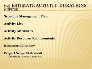 31
Schedule Management Plan
Activity List
Activity Attributes
Activity Resource Requirements
Resource Calendars
Project Scope Statement
Constraints and assumptions .
 