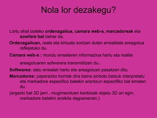 Nola lor dezakegu? Lortu ahal izateko  ordenagailua,   camara web-a, marcadoreak  eta  sowfare bat  behar da. Ordenagailuan,  reala eta birtuala sortzen duten errealitate areagotua reflejatuko du. Camara web-a :  mundu errealaren informazioa hartu eta realite areagotuaren sofwarera transmititzen du .  Softwarea:  datu errealak hartu eta areagotuan pasatzen ditu. Marcadores:  paperezko horriak dira baina sinbolo batzuk interpretatu eta markadore espezifico batekin erantzun espezifiko bat ematen du. (argazki bat 3D jarri , mugimenduen kanbioak objetu 3D ari egin, markadore batekin eraikita dagoenenan.) 
