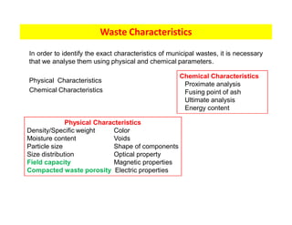 In order to identify the exact characteristics of municipal wastes, it is necessary
that we analyse them using physical and chemical parameters.
Physical Characteristics
Chemical Characteristics
Waste Characteristics
Chemical Characteristics
Proximate analysis
Fusing point of ash
Ultimate analysis
Energy content
Physical Characteristics
Density/Specific weight Color
Moisture content Voids
Particle size Shape of components
Size distribution Optical property
Field capacity Magnetic properties
Compacted waste porosity Electric properties
 