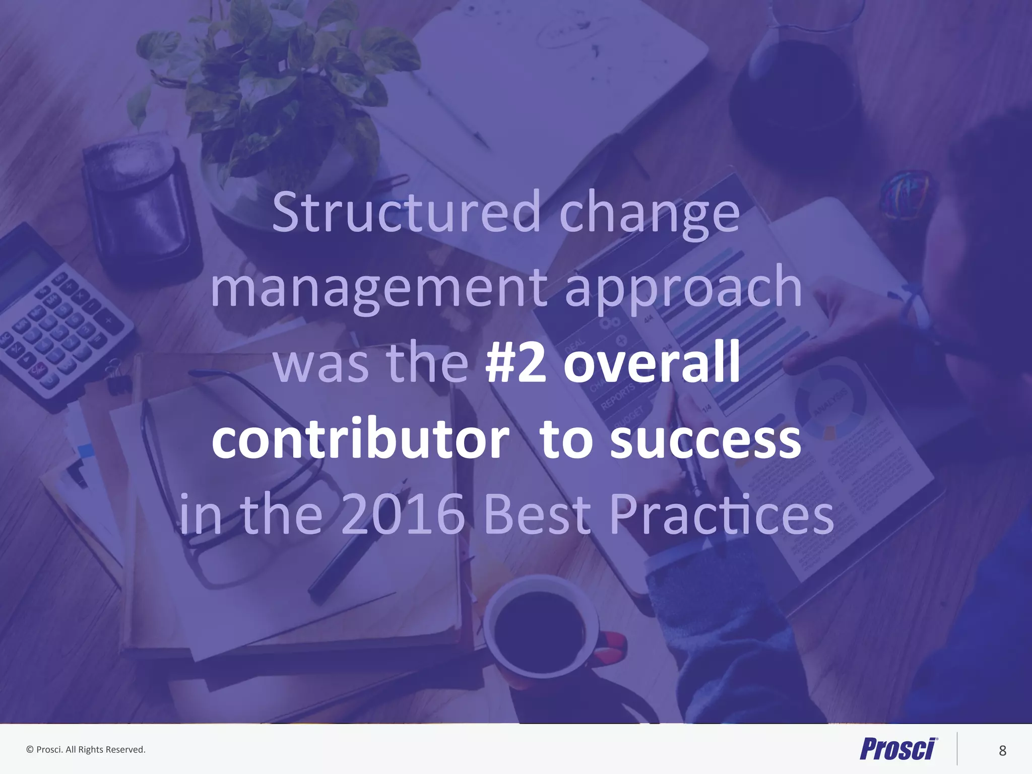 ©	Prosci.	All	Rights	Reserved.	 8	
Structured	change	
management	approach	
was	the	#2	overall		
contributor		to	success	
in	the	2016	Best	PracVces	
 