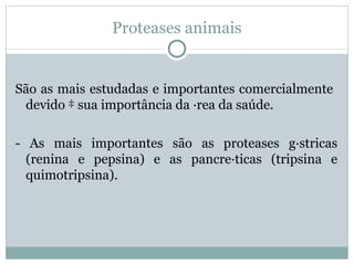 Proteases animais


São as mais estudadas e importantes comercialmente
 devido à sua importância da área da saúde.

- As mais importantes são as proteases gástricas
  (renina e pepsina) e as pancreáticas (tripsina e
  quimotripsina).
 