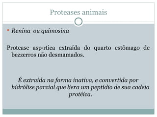 Proteases animais

 Renina ou quimosina


Protease aspártica extraída do quarto estômago de
 bezzerros não desmamados.



   É extraída na forma inativa, e convertida por
 hidrólise parcial que liera um peptídio de sua cadeia
                        protéica.
 